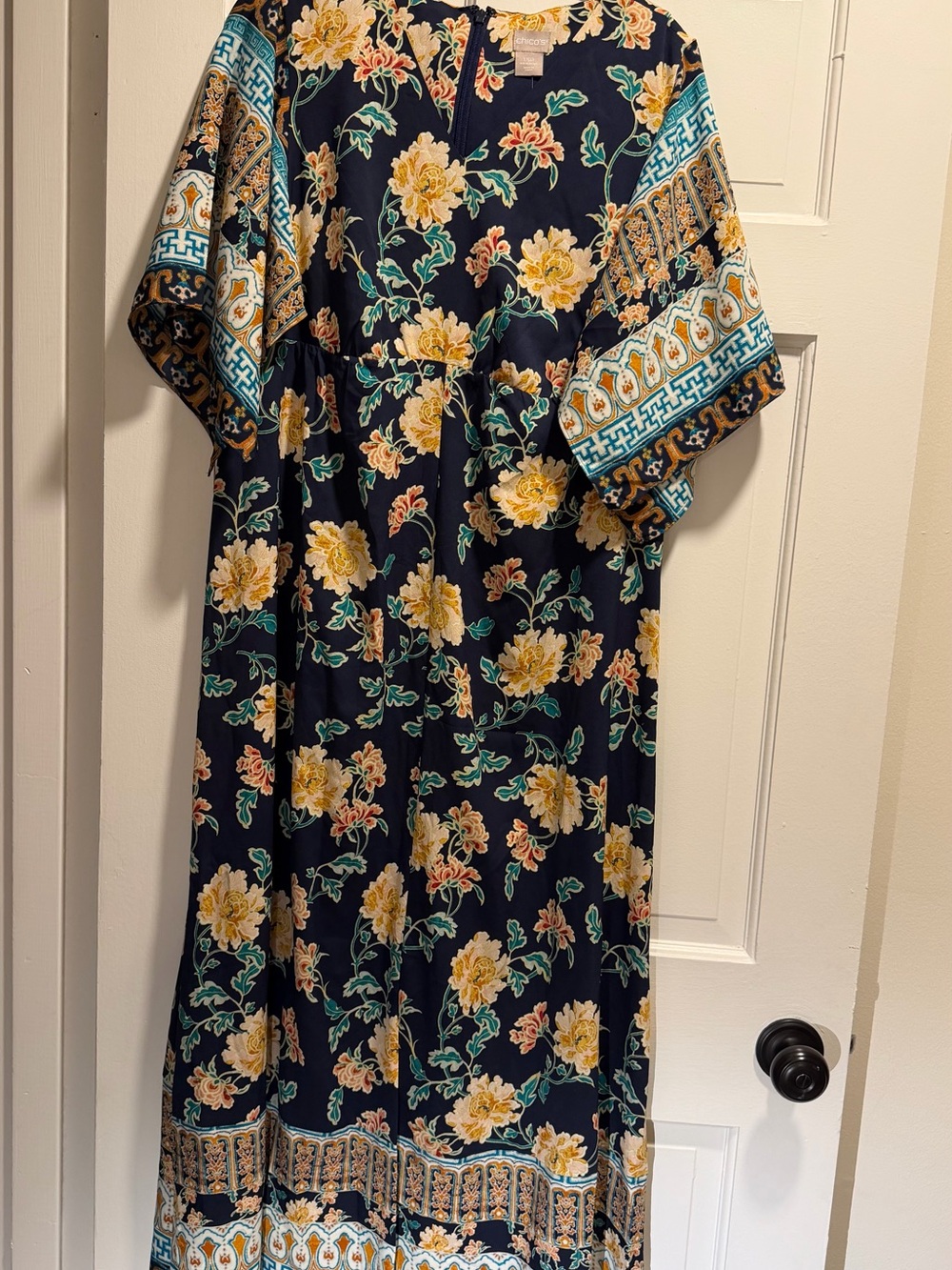 NWT Navy Floral Border Midi Dress with Yellow Blooms